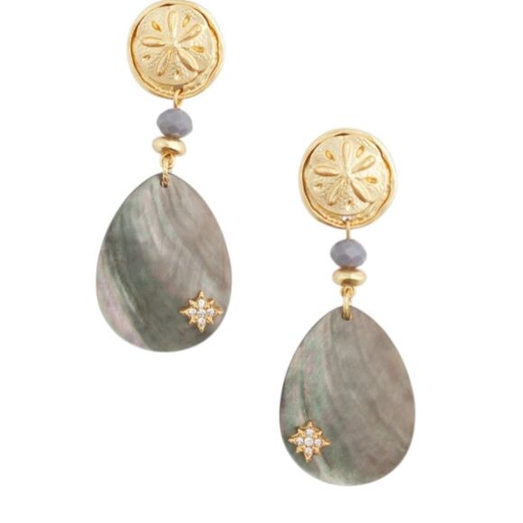 Chico’s Abalone Sand Dollar 2" Drop Pierced Earrings Coastal Beach BOHO Dangle - Picture 1 of 13